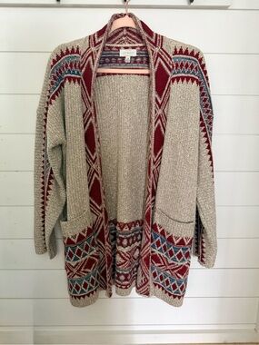 Lucky Brand Aztec Open Front Cardigan Sweater Boho Western Burgundy Teal Size L